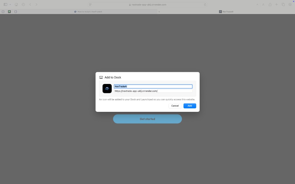 Safari Add to Dock dialog for NexTradeAI